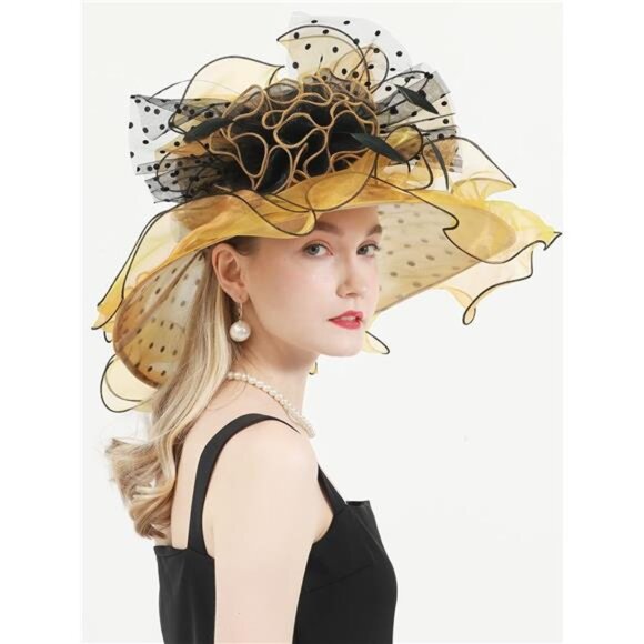 Women Hat Wide Brim Tea Party Fascinator Yellow Black - Picture 6 of 6